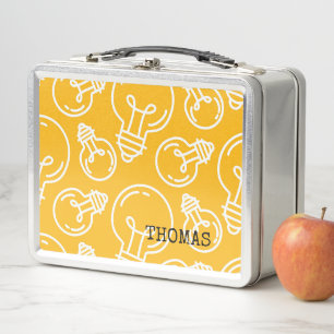 Yellow Light Bulb Ideas Kids Custom NAME School Metal Lunch Box