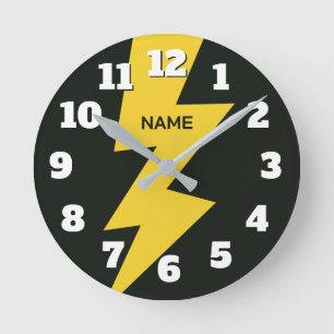 Yellow lighting bolt flash personalized round clock