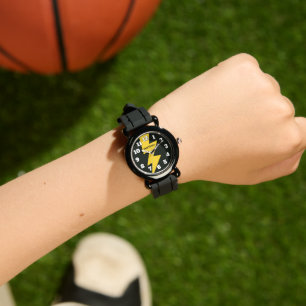 Yellow lighting bolt personalised black kid's watch