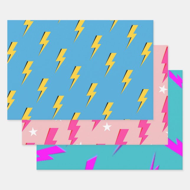 Yellow Lightning Blue Background Y2K Pattern Wrapping Paper Sheet (Set)