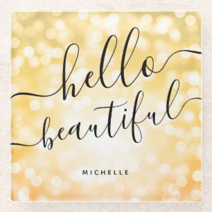 Yellow Lights "Hello Beautiful"  Glass Coaster