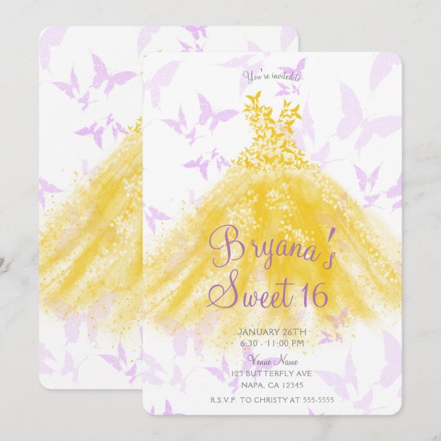 Yellow Lilac Butterfly Dance Dress Sweet 16 Party  Invitation (Front/Back)