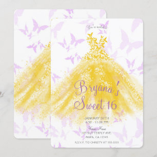 Yellow Lilac Butterfly Dance Dress Sweet 16 Party  Invitation