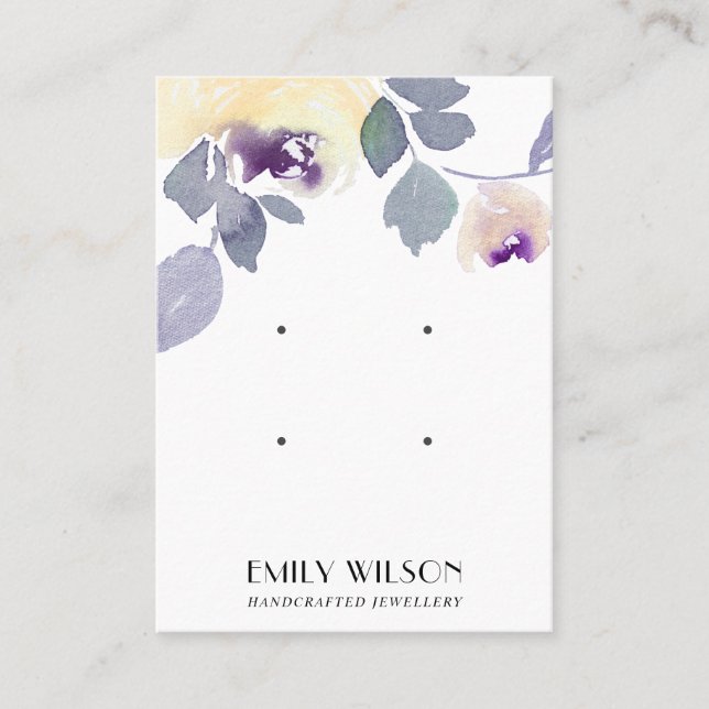 YELLOW LILAC PURPLE FLORAL 2 STUD EARRING DISPLAY BUSINESS CARD (Front)