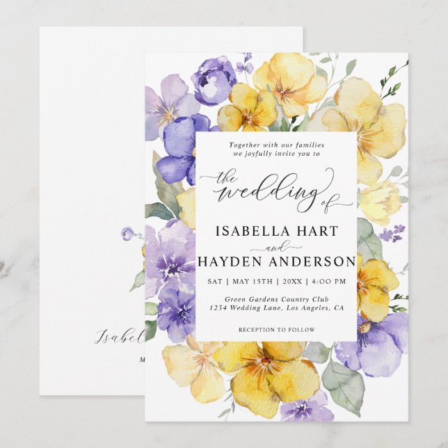 Yellow Lilac Purple Lavender Rustic Floral Wedding Invitation (Front/Back)