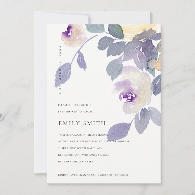 YELLOW LILAC PURPLE ROSE FLORAL BABY SHOWER INVITE (Front)