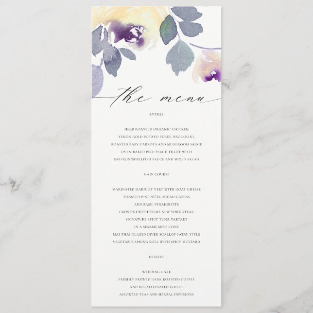 YELLOW LILAC PURPLE ROSE WATERCOLOR FLORAL WEDDING MENU (Front)