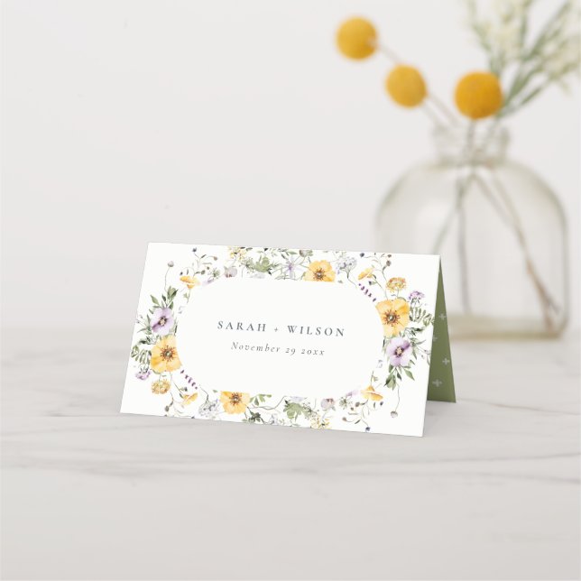Yellow Lilac Wildflower Circle Frame Wedding Place Card (Front)