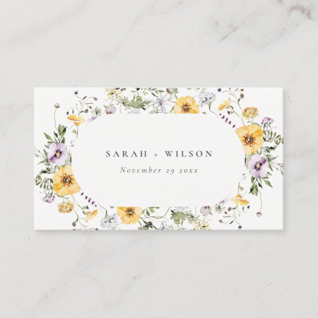 Yellow Lilac Wildflower Circle Frame Wedding Place Card (Front)