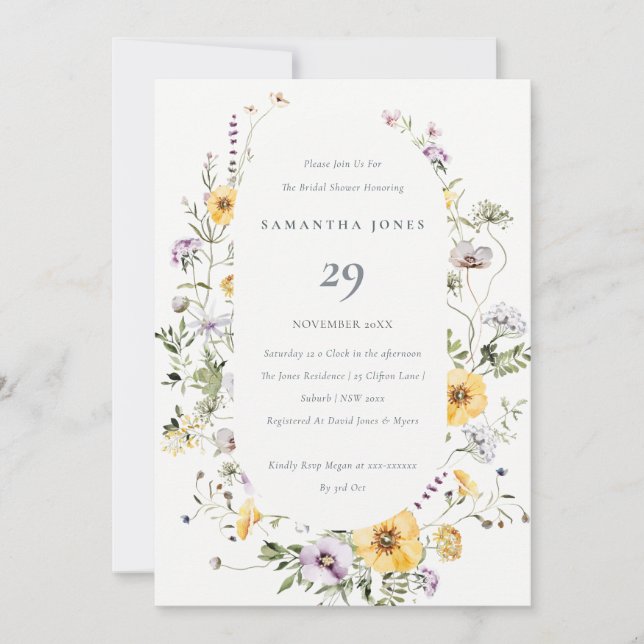 Yellow Lilac Wildflower Frame Bridal Shower Invite (Front)