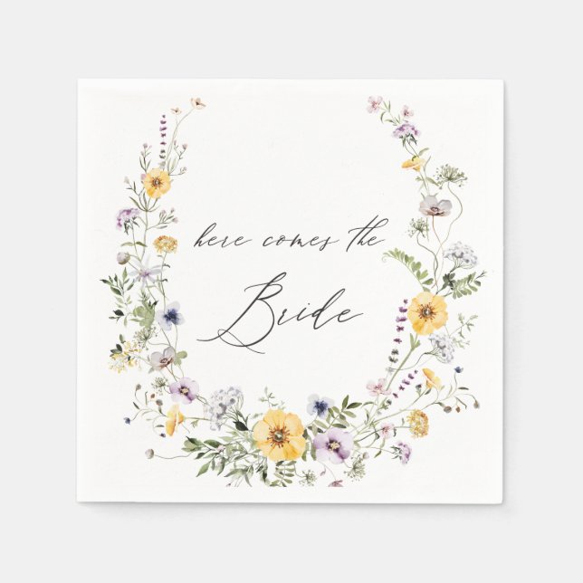Yellow Lilac Wildflower Wreath Here comes Bride Napkin (Front)