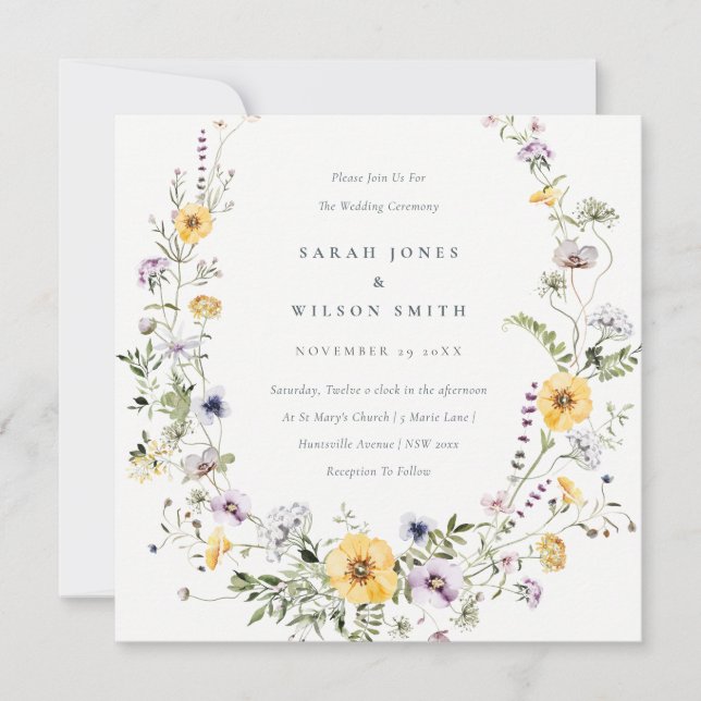 Yellow Lilac Wildflower Wreath Wedding Invite (Front)