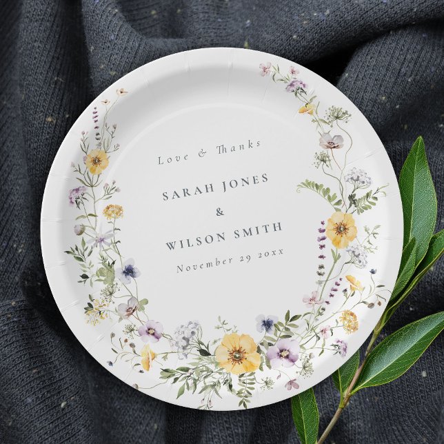 Yellow Lilac Wildflower Wreath Wedding Thank You Paper Plate (Creator Uploaded)