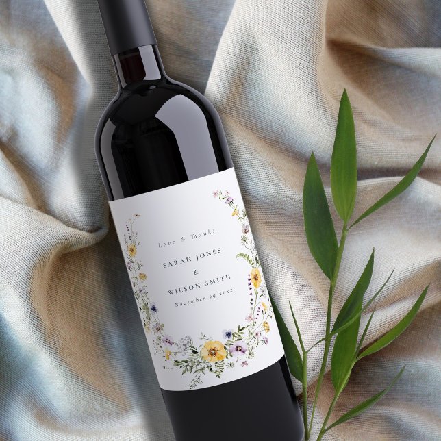 Yellow Lilac Wildflower Wreath Wedding Thank You Wine Label (Creator Uploaded)