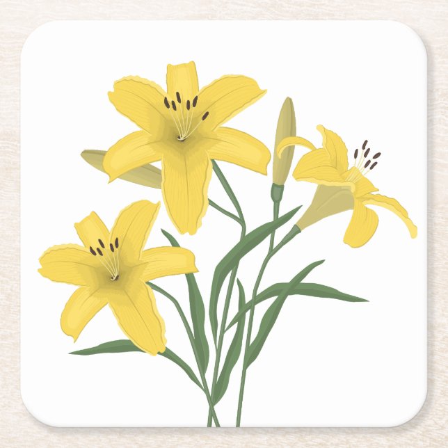 Yellow lilies square paper coaster (Front)