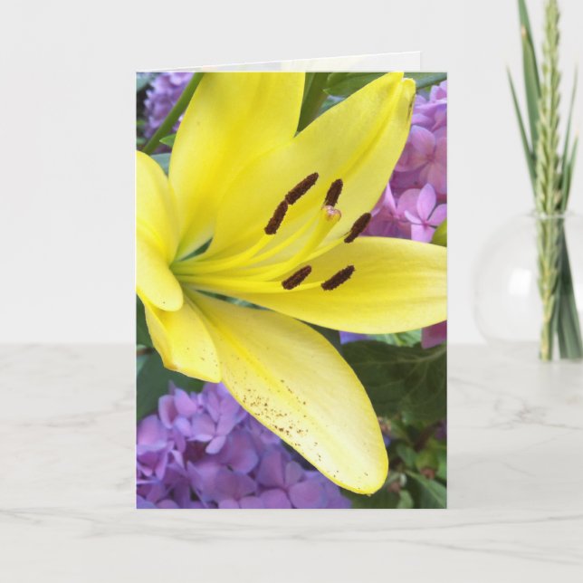 Yellow Lily and Lavender Hydrangea Greeting Card (Front)