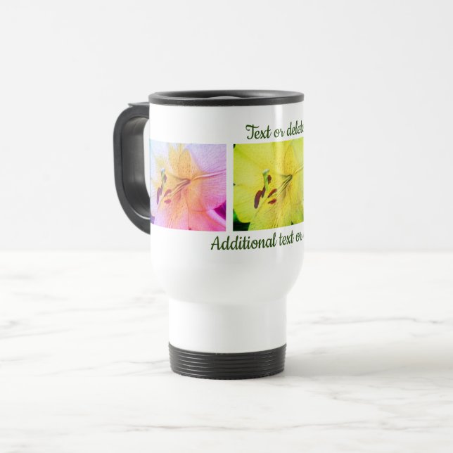 Yellow Lily Colours Floral Pencil Art Personalised Travel Mug (Front Left)