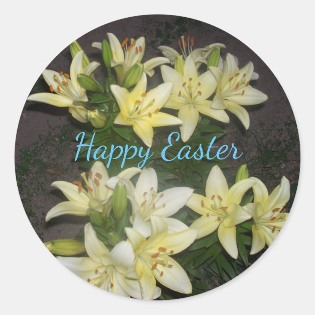 Yellow Lily Floral Cluster Happy Easter Classic Round Sticker (Front)