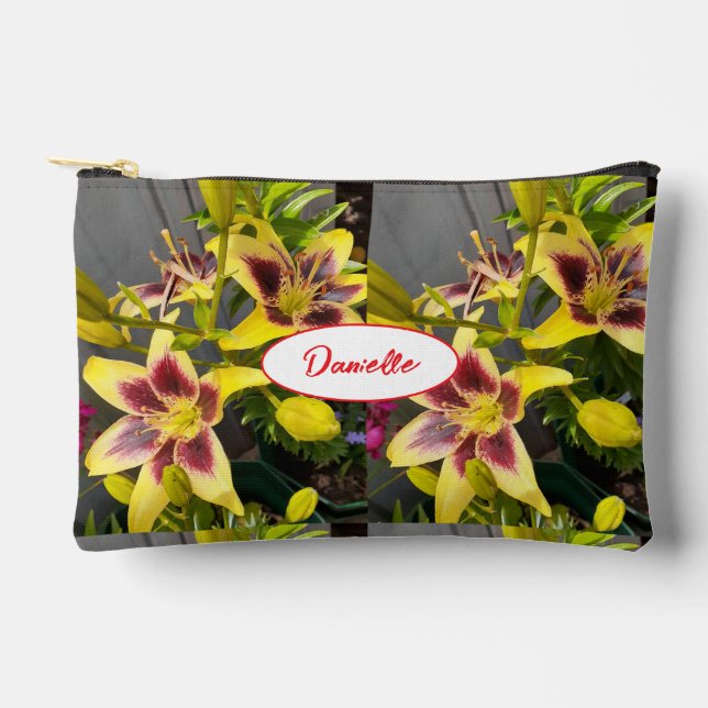 Yellow Lily Lilies Flower Girls Name Accessory Pouch (Front)