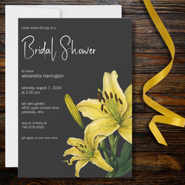 Yellow Lily on Black Bridal Shower Invitation (Creator Uploaded)