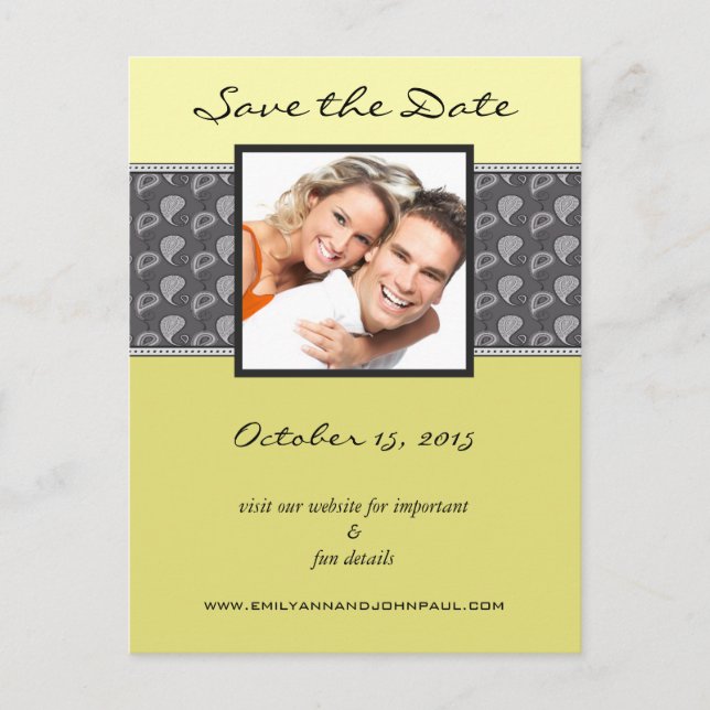 Yellow Lime Chartreuse Paisley Photo Save The Date Announcement Postcard (Front)