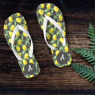 Yellow lime citrus pattern name grey flip flops