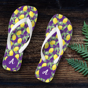 Yellow lime citrus pattern name purple flip flops