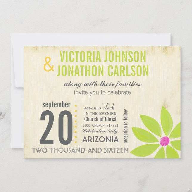 Yellow Lime Modern Daisy Typography Wedding Invitation (Front)