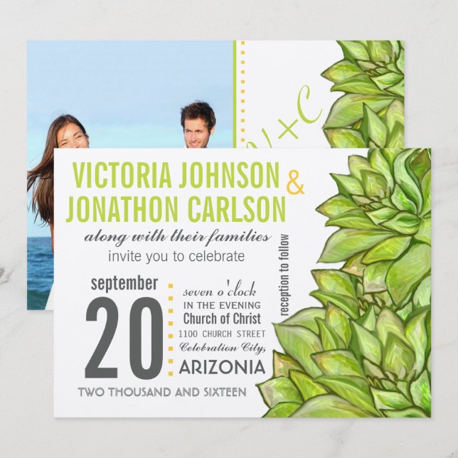 Yellow Lime Succulent Modern Typography Wedding Invitation (Front/Back)