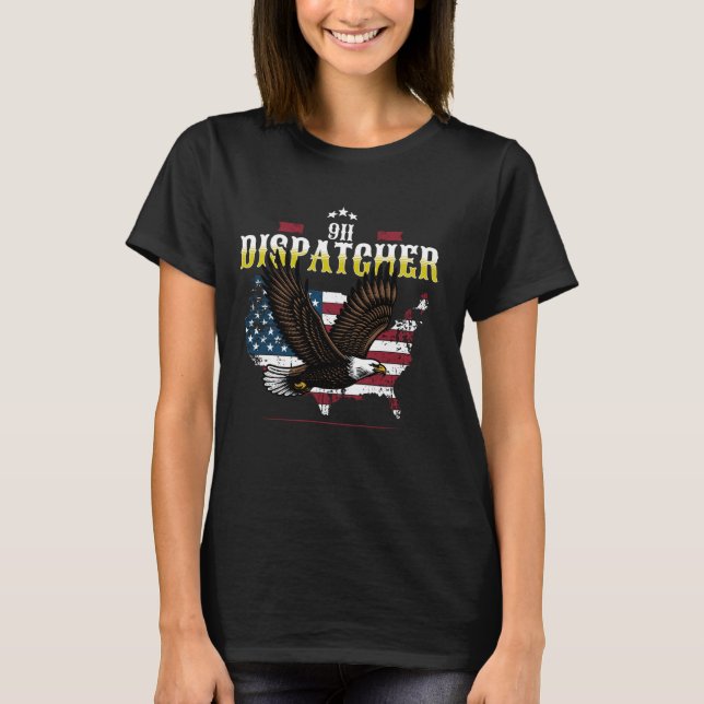 Yellow Line 911 Dispatcher Eagle American Flag Eme T-Shirt (Front)