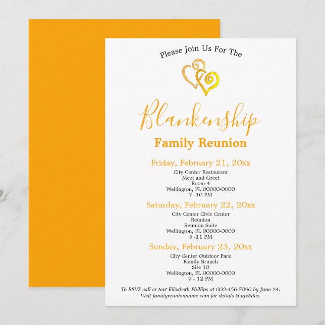 Yellow Linked Hearts 3-Day Family Reunion  Invitation (Front/Back)