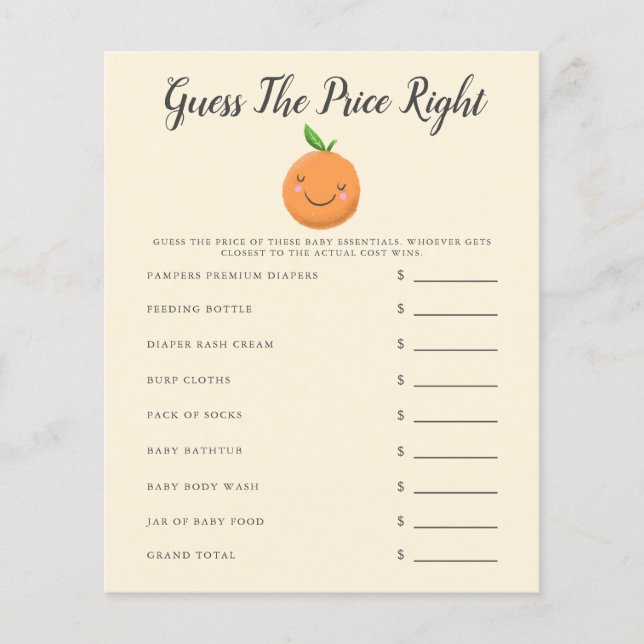 Yellow Little Cutie Baby Shower Guess The Price (Front)