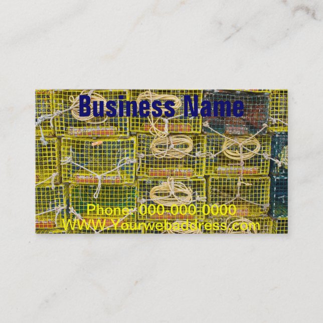 Yellow Lobster Traps stacked on Dock Business Card (Front)
