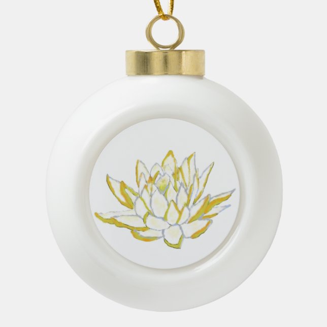 Yellow lotus flower botanical holiday accents ceramic ball christmas ornament (Front)