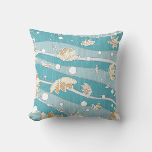 Yellow Lotus Flowers on Cyan Stripes Cushion