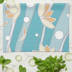 Yellow Lotus Flowers on Cyan Stripes Tea Towel