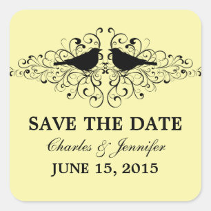 Yellow Love Bird Swirls Save the Date Stickers