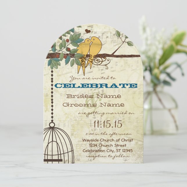 Yellow Love Birds Sitting In A Tree Wedding Invitation (Standing Front)