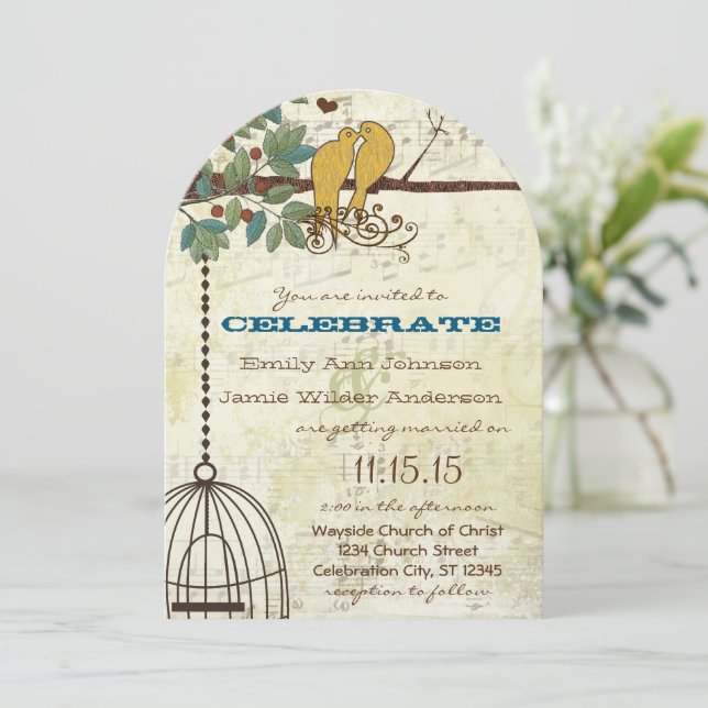 Yellow Love Birds Sitting In a Tree Wedding Invite (Standing Front)