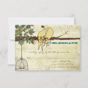 Yellow Love Birds Sitting In a Tree Wedding RSVP Invitation