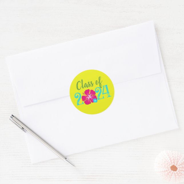 Yellow Luau Tropical Graduation Round Stickers (Envelope)