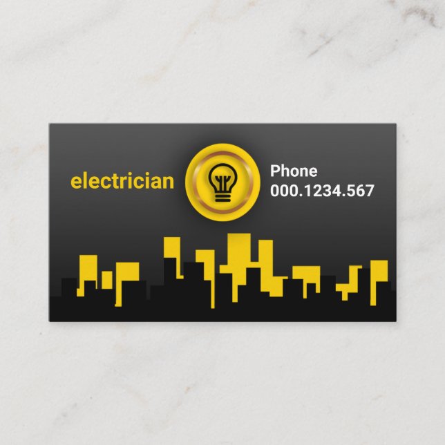 Yellow Luminous City Skyline Electrician Bulb Moon Business Card (Front)