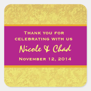 Yellow Magenta Damask Thank You Wedding R312D Square Sticker