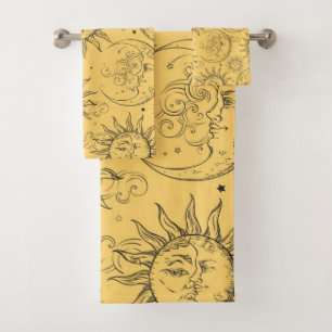 Yellow Magic Vintage Celestial Sun Moon Stars Bath Towel Set
