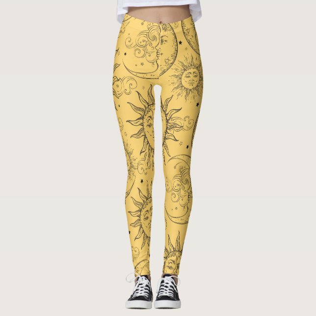 Yellow Magic Vintage Celestial Sun Moon Stars Leggings (Front)