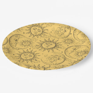 Yellow Magic Vintage Celestial Sun Moon Stars Paper Plate