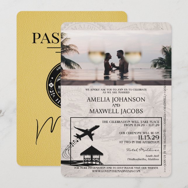 Yellow Maldives Passport Wedding Invitation (Front/Back)