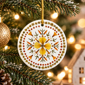 Yellow Mandala Pressed Flower From Original Art Ceramic Tree Decoration