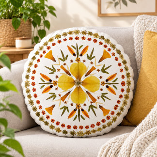 Yellow Mandala Pressed Flower From Original Art Round Cushion