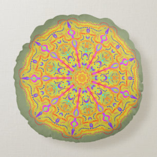 Yellow Mandala with pink Geometry Round Cushion